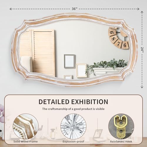 Image of 36x24 Inch Rustic Scalloped Wall Mirror, Distressed Wooden Beaded Mirrors | Horizontal or Vertical Display, HD Tempered Glass, Curved Edge Accent, for Bathroom Over Sink, Living Room, Entryway