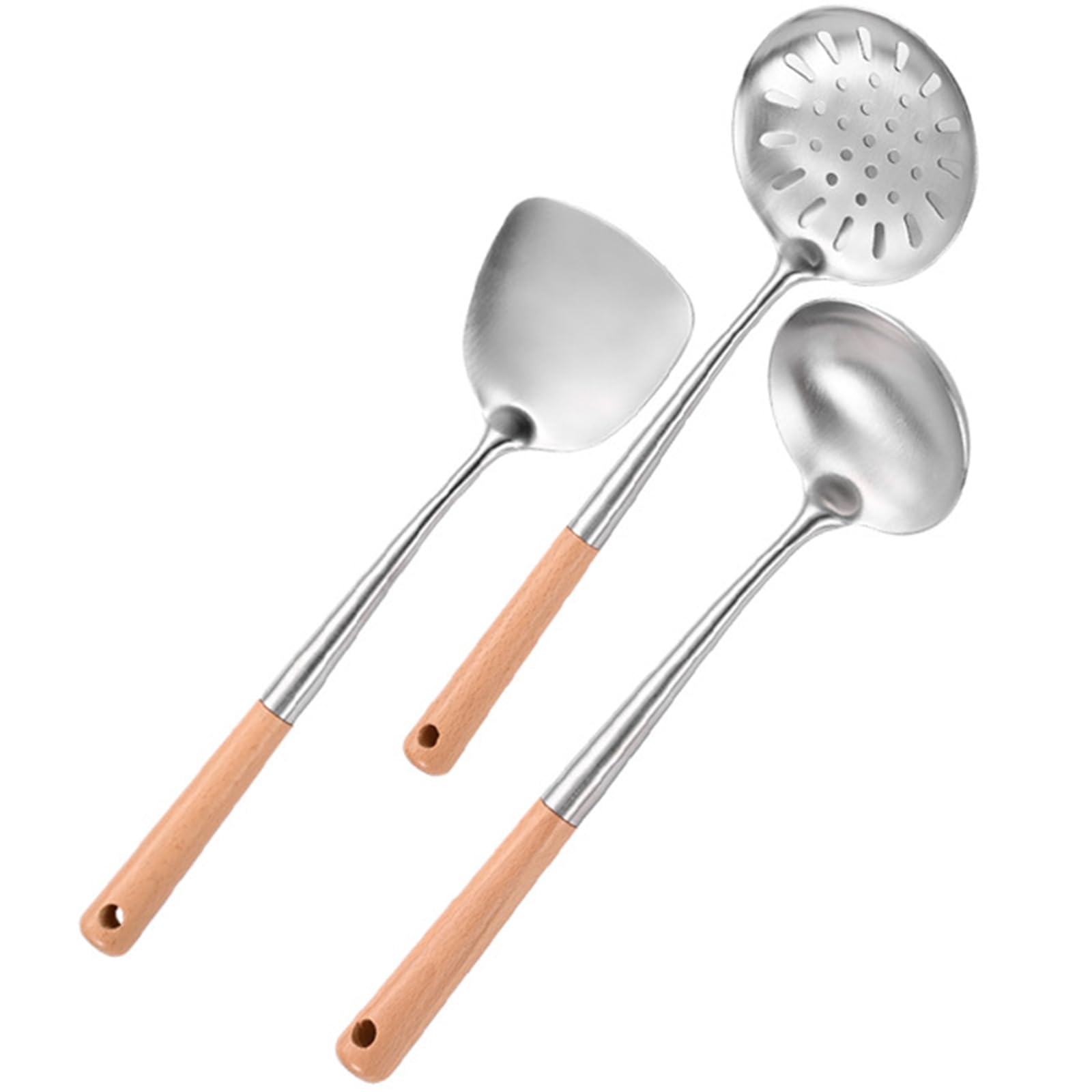 PANGBOER 3Pcs Stainless Steels Cooking Utensils Set Wood Handle Wok Spatula, Soup Ladle, Colander Enduring Stainless Steels Cookware Long Handle Ladle