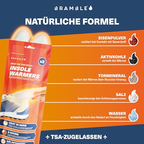 Bramble – Fußsohlenwärmer (15 Paar, 30 insgesamt) – Vollflächige Fußwärmsohlen für Schuhe und Stiefel – Luftaktiviert und geruchsfrei – Bis zu 10 Stunden Wärme