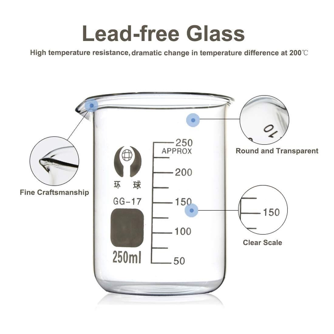 Probeta de Laboratorio para Ciencias, Juego de pipetas cilíndricas y Vasos de Vidrio con Varillas agitadoras y cepillos, Paquete de 18 tamaños múltiples(2 pcs 250ML)