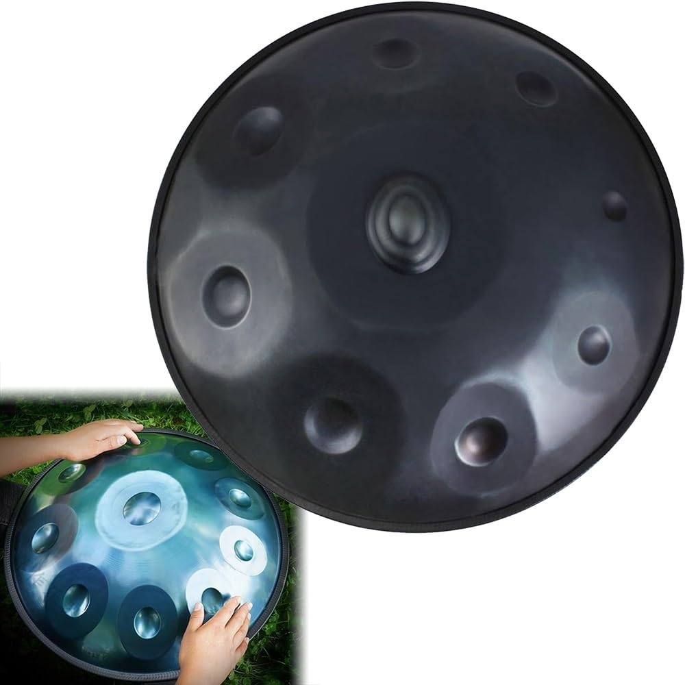 ILOOXI 9 Toni Tamburo Handpan Da 22 Pollici, Tamburo A Mano Re Minore 432Hz/440Hz, 9 Note, Nero, In Acciaio, Con Supporto, 2 Bacchette, Borsa Morbida