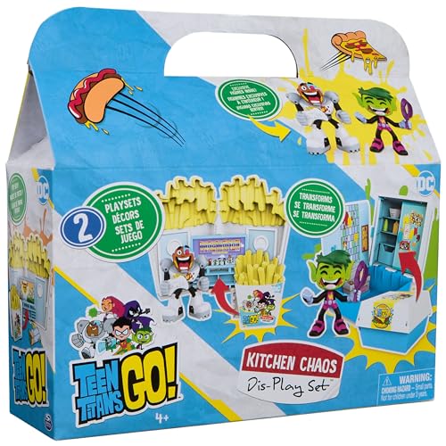 Image of TEEN TITANS GO! - Kitchen Chaos Dis-Play Set - Decors with 2 Beast Boy and Cyborg Figures - Accessories - Beast Boy and Cyborg Figurines - Collectible Toy - Super Heroes - Toy for Children Ages 4+