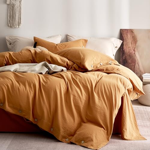 Image of JELLYMONI 100% Washed Cotton Duvet Cover Twin - Soft, Breathable Linen-Look Bedding with Natural Wrinkle Texture, Button Closure, 2-Piece Set (Amber Orange, 68 inchx90 inch)