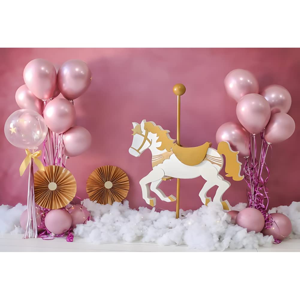 Aoihrraan 3x2,5m Telón Fondo Rosa Globo Algodón Nubes Dorado Merry-Go-Round Hotpink Pared Habitación Fotografía Fondo Cumpleaños Fiesta Novia Baby Shower Niña Retrato Artístico Foto Atrezzo Vinilo