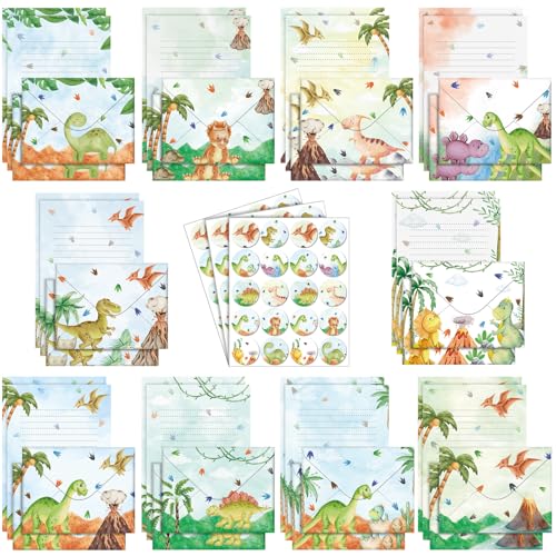 Image of TaoBary 160 Pcs Watercolor Dinosaur Stationery Paper and Envelopes Set 50 Double Sided Lined Stationery Paper & 50 Matching Envelopes and 60 Round Dot Sticker 5.5 x 8.25'' Letter Writing Kit, 10design