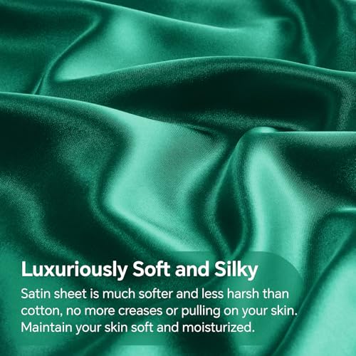 BEDELITE Satin Fitted Sheet and Pillowcase Set, Luxury Soft Similar to Silk Bottom Bedsheet with Elastic Corner Straps, Deep Pocket up to 15 Inch, 1 Fitted Sheet and 1 Pillowcase(Twin XL, Dark Green)