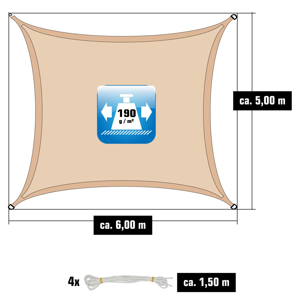 AMANKA 98% UV-Schutz: Sonnensegel, rechteckig, 6 x 5 cm, wasserdicht, für den Außenbereich, Sonnenschutz für Pergola, Außenplane, Camping, Pool, Markise, 6 m