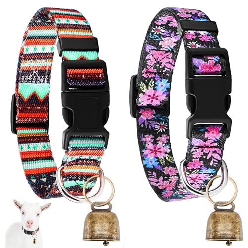 Image of 2 Pack Goat Collars with Bells, Sheep Grazing Copper Bells and Adjustable Nylon Collar Set Loud Bronze Bell Small Farm Animal Sheep Cow Accessories(Vibrant Color,Groovy Pattern)