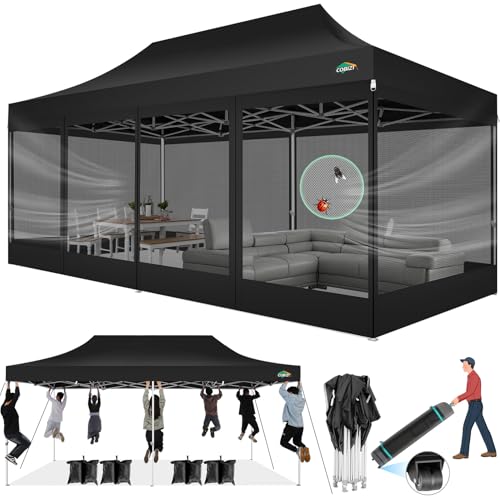 COBIZI Heavy Duty Pop Up Canopy Tent, Black with Netting Sidewalls