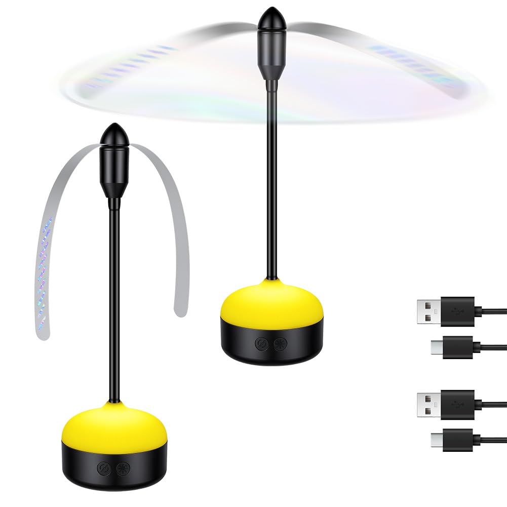 Adiwo 2 Pack Quiet Table Fly Fan, Soft Blades Electric Fly Fans, USB Rechargeable with LED Light, Portable Flies Repellent Fans with Hook, Holographic Blades for Party Restaurants Picnic BBQ Camping