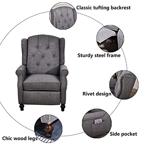 Vuyuyu Recliner Chair, Accent Living Room Chairs With Massage And Heating, Comfy Tufted Upholstered Wingback Reading Chair Sofa, Mid-Century Modern Club Armchair, Linen/Wooden Legs (Gray) #TOP3