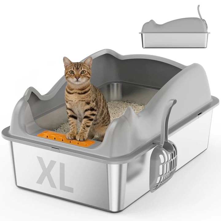 XL Stainless Steel Cat Litter Tray for Big Cats High-Sided Anti-Leakage Litter Tray Cat Litter Box 60x40x33.5cm Odour-Proof Non-Sticky Easy Clean Anti-slip Rubber Bottom Includes Scoop