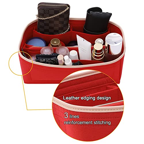 Image of Doxo Purse Organizer Insert & Base Shaper 2pc Set, Felt Handbag Bag Fit LV Speedy & Neverfull More (L-Red)