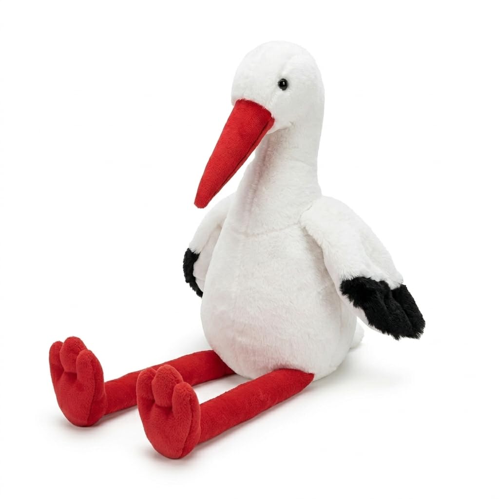Ameisenkeks® Cuddly Toy Stork Sitting - Plush Stork 21 cm (35 cm Including Legs) - Soft Plush Bird as Lucky Charm for Birth, Baby Gift & Nursery Decoration - White/Black/Red