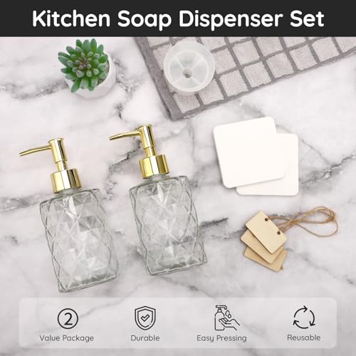 Image of Segbeauty Kitchen Soap Dispenser Set, 2 Pack 11.8oz Clear Glass Soap Dispenser Refillable, 350ml Farmhouse Decor Vintage Soap Dispenser with Funnel and Diatomite Coaster Empty Press Pump Bottles