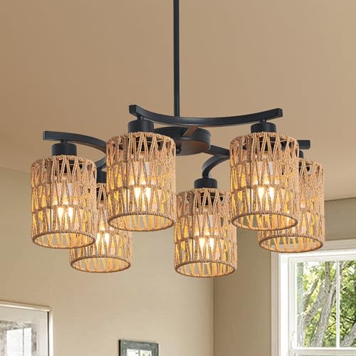 OTeedo Rattan Farmhouse Chandelier Light Fixtures,6-Lights Boho Large Pendant Lights