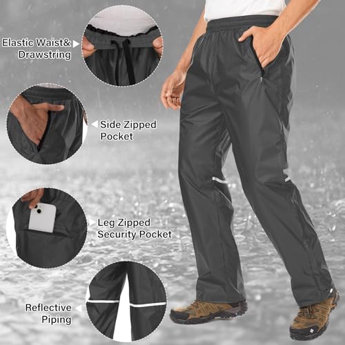 Men's Rain Pants Waterproof Over Pants with Zipper Pocket, Wind Proof Outdoor Cloth for Hiking, Fishing, Golf3