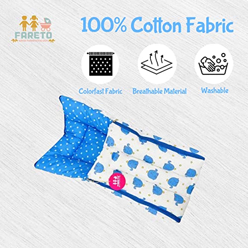 Fareto 3 In 1 Baby Bed, Sleeping Bag & Carry Nest, Cotton Baby Bedding For New Born (0-6 Months) (Blue Elephant) - Pack of 1