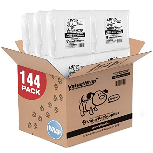 ValueWrap Disposable Male Dog Diapers, 1-Tab Large, 144 Count - Absorbent Male Wraps for Incontinence, Excitable Urination & Travel, Fur-Friendly Fasteners, Leak Protection, Wetness Indicator