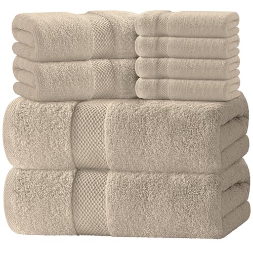White Classic Luxury Bath Towel Set of 8 Pieces - 100% Turkish Cotton Highly Absorbent Towels for Bathroom, 2 Luxury Bath Towels 700GSM, 2 Hand Towels, 4 Washcloths, Taupe