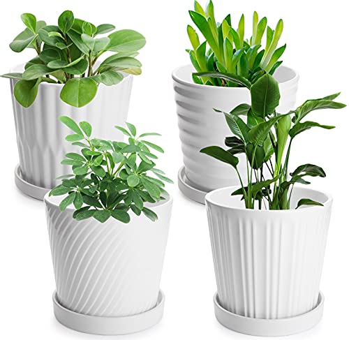 Lawei 4 Pack Ceramic Planter Pots - 6 Inch Flower Pots with Drainage and Saucers, Round Succulent Pots White Garden Pots for Decorate Home, Office, Outdoor