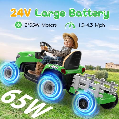 Image of ANPABO 24V Ride On Tractor for Kids w /Detachable Trailer, EVA Tires, Green