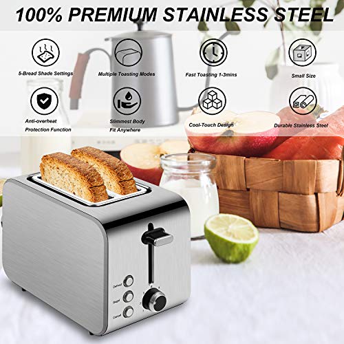 Toaster 2 Slice Best Rated Prime Stainless Steel 2 Slice Toasters 1.5in Wide Slot Toasters 7 Shade Settings Defrost/Begal/Cancel with Removable Crumb Tray for Bread, Waffles, Small Retro Evenly Quickly Toaster Silver