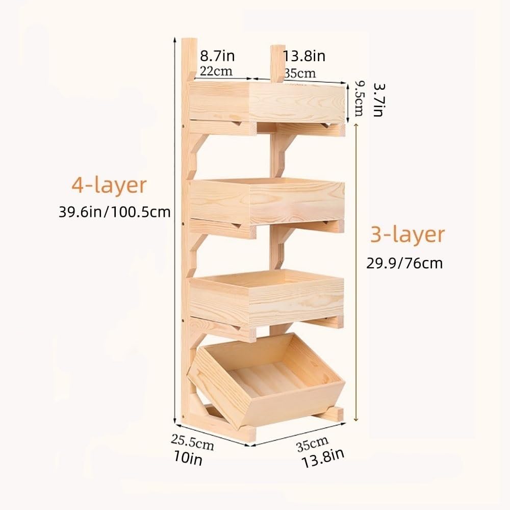Sturdy Solid Wood Storage Shelf, Fruit Stands for Kitchen, Multifunctional Floor Storage Rack, Suitable for Bedroom, Kitchen, Living Room(Light Brown,29.9in)