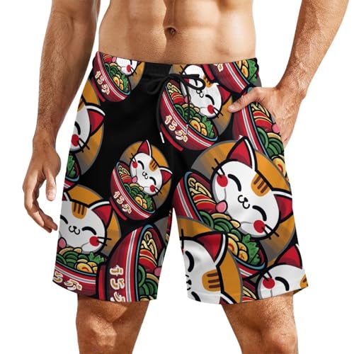 Japanese Cat Eating Ramen Mens Swim Trunks with Quick-Drying Lining Beach Shorts for Outdoor Sports