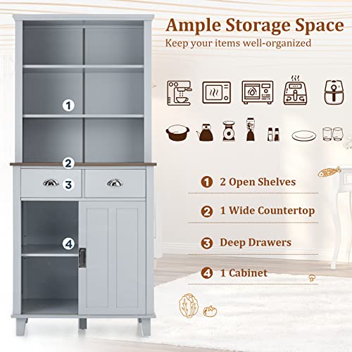 Loko 67” Kitchen Pantry Storage Cabinet, Freestanding Buffet Sideboard With 3 Open Shelves, Microwave Countertop, 2 Pull-Out Drawers & Sliding Door Cabinet, Kitchen Hutch For Dining Room (Grey) #TOP4