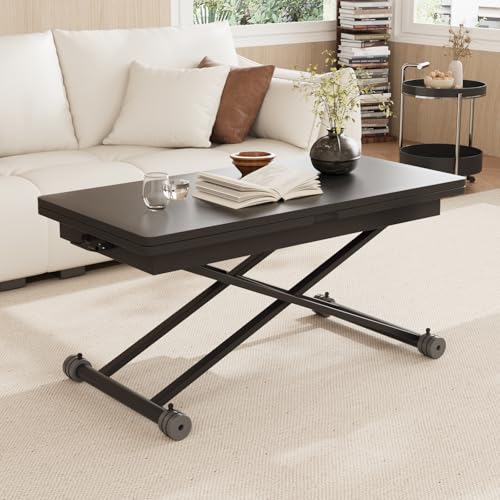 VOWNER Mesa de Centro Extensible y Altura Ajustable, Mesa Extensible, Multifuncional 3 en 1 con Giratoria, para la Cocina, Comedor, Estudio, salón (Negro con Grano de Madera)