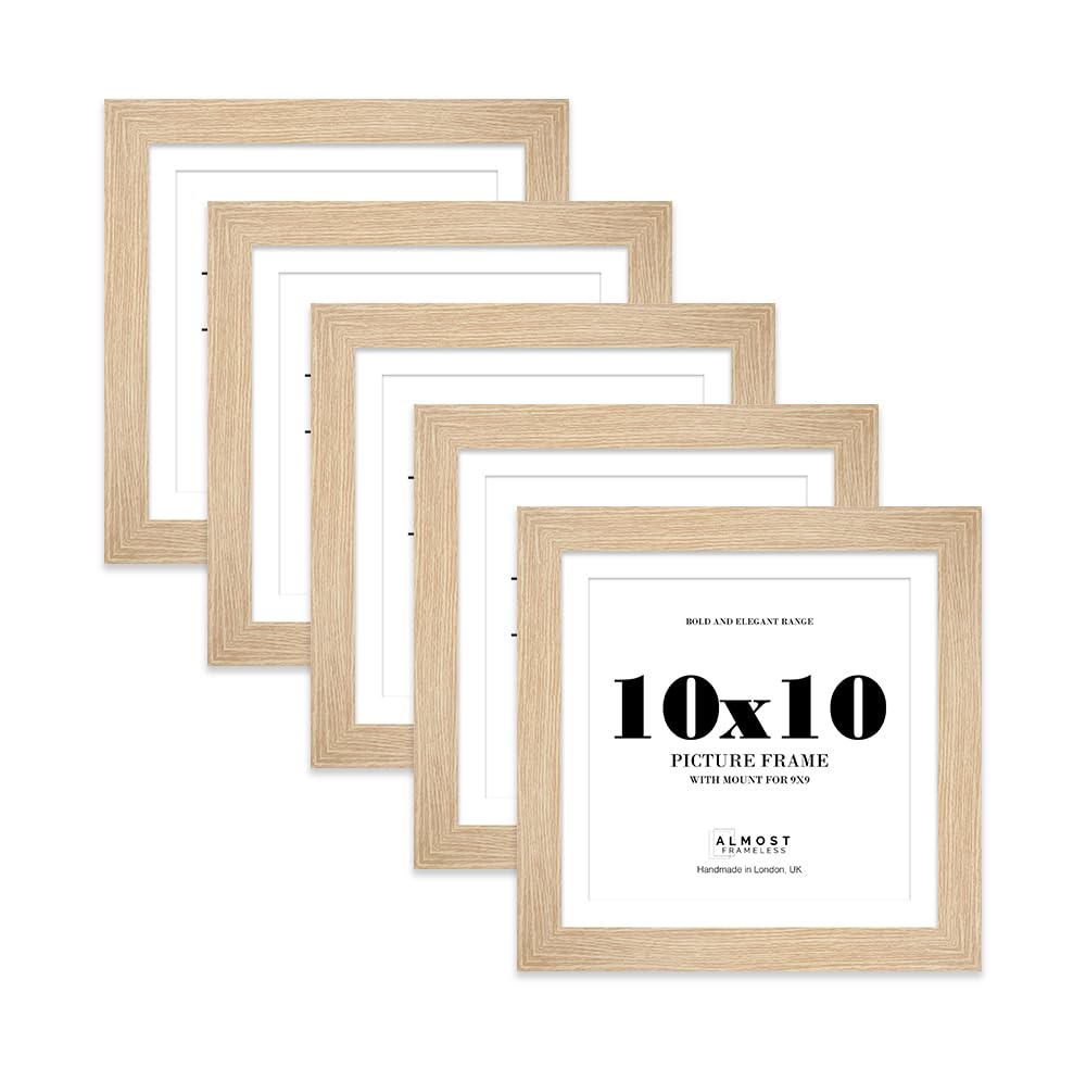 10x10" Oak Square Frame With Mount for 9x9" Pictures 28mm Edge Frame Display with Wall Hooks and Kickstand, 5 Pack