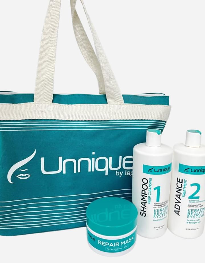 UNNIQUE Advanced Keratin Hair Treatment Kit 32 FL Oz- Brazilian Keratin Treatment for Ultimate Hair Repair & Shine + Free Cosmetic Bag