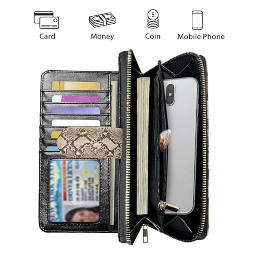 Image of COEQINE Ladies Wallets Pink Leopard Heart Black Printed Leather Phone Long Clutch Purses Check Coin Change Holder