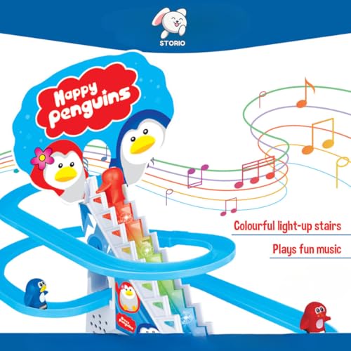 Image of Storio Penguin Slide Track Set Toys for Kids - Penguin Stair Climbing Toys for Kids, Escalator Toy with Lights and Music with 3 Penguins