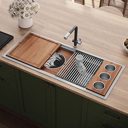 Image of Ruvati 45-inch Drop-in Workstation Kitchen Sink - 16 Gauge Topmount Stainless Steel Kitchen SInk with Two-Tiered Ledges & Accessories - RVH8433