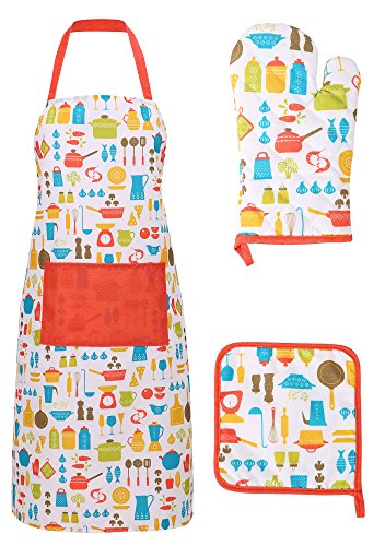 Livingston Womens Apron Cooking Kitchen Aprons with Pockets Glove and Potholder Set, Kitchen