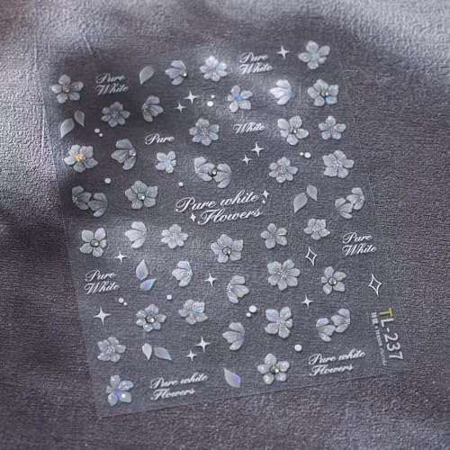 Image of 5D Embossed Flower Nail Stickers for Nails Art Silver Nail Decals Self Adhesive Nail Art Stickers Rhinestone with Design for Women Girls Nails Supplies Manicure Decorations Accessories