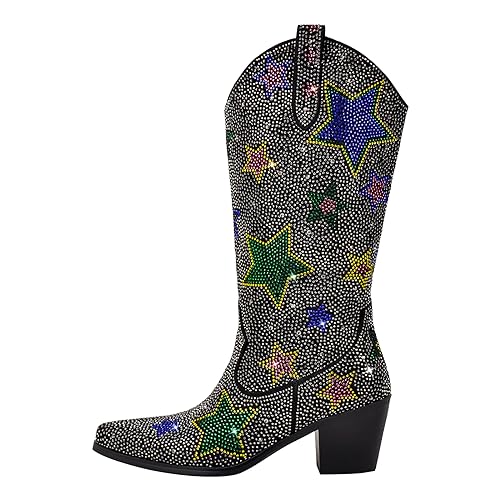 richealnini Women's Mid Calf Boots with Rhinestones Pull on Tab Block Heels Sparkly Stars Pattern Western Cowboy Boots2