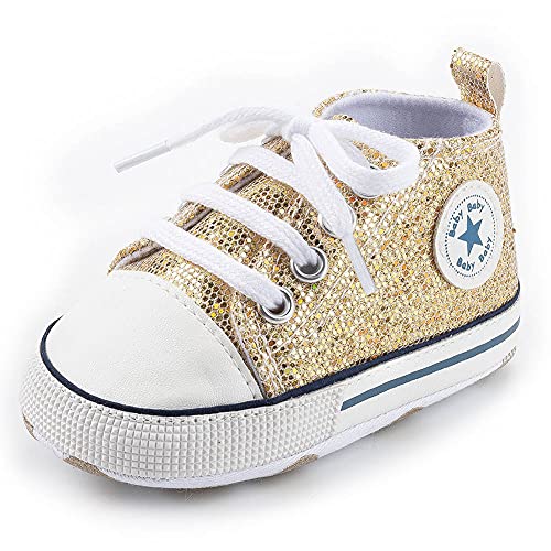Newborn Baby Girls Boys Canvas Shoes Infant Soft Sole Slip On First Walkers Sneaker Toddler Flat Lazy Loafers High Top Crib Denim Unisex Moccasins Shoe (B/Gold, 0-6 Months) #TOP5