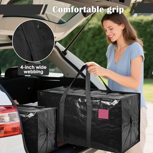 Image of 12 Pack Moving Bags with Full-Open Side Zipper, Extra Large 93L Heavy Duty Waterproof Foldable Storage Totes for College Dorm, Moving & Home Organization Black