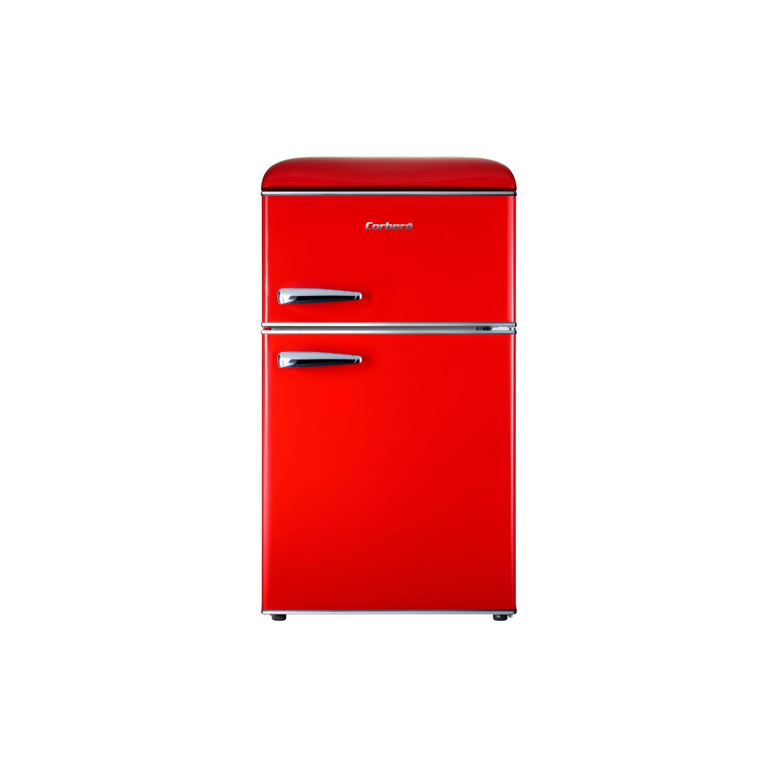 Corberó – lodówka retro statyczna, CF2PG90RR, 89 x 48 x 51 cm, pojemność 86 l, zamrażarka 26 l, 37 dB, światło wewnętrzne, szklane półki, nogi poziomujące, kolor czerwony