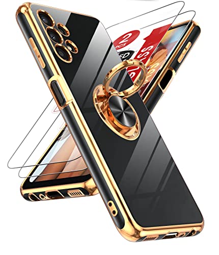 LeYi Coque pour Samsung Galaxy A13 4G-6.6'(Pas 5G) avec 2 Verre Trempé+ Anneau Rotatif à 360°, Mince en TPU,Placage Protégé Camera Anti-Rayures Coque A13 Antichoc-Noir