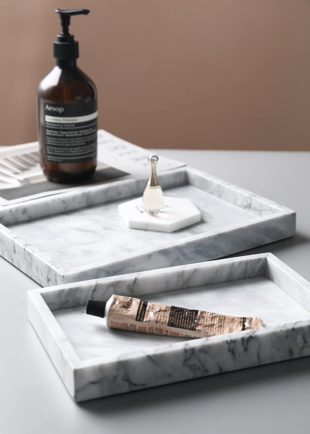 12"x8" Real Natural Marble Vanity Tray, Genuine Marble Storage Tray for Cosmetics/Jewelry, Non-Resin/Non-Ceramic, Dresser Organizer Tray, Bathroom Tray, Home Decor, Kitchen, Coffee Table, 12 x 8 inch 3