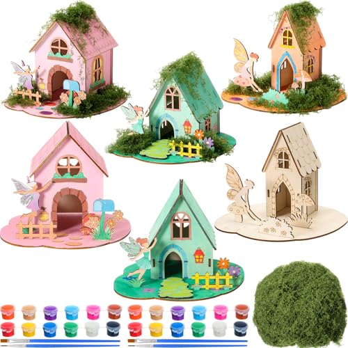 DoubleFill 6 Sets Wooden Fairy House DIY Kit Craft - DIY Fairy Garden with Paints & Decorations - Arts Crafts & Birthday Gift for Craft Activity Party Decor (Cute Tall)