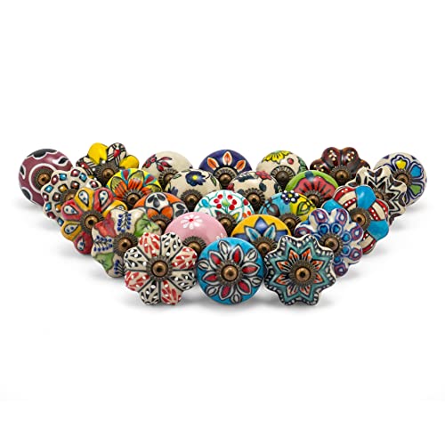 Rasiya Art Knobs for Cabinets and Drawers - Assorted Multicolor Countryside Door Pull Handles for Dresser Kitchen Wardrobes Boho Home Interior Decor - Pack of 30