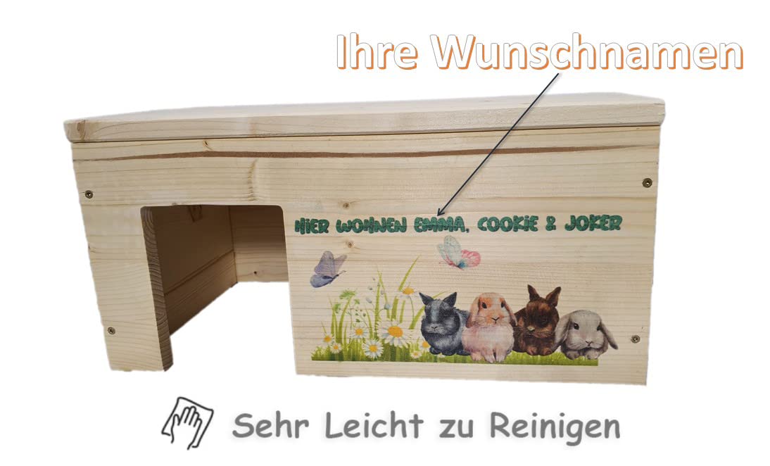 Kaninchenhaus Personalisiert mit Wunschnamen ihrer Hasen mit 2 Eingängen, Stabil, Holzlasur & Aufklappbar / 45x25x22cm