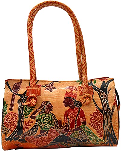 Crafts of India Divine Lovers Radha Krishna Design Ethnic Hand Embossed Shantiniketan Leather Indian Shoulder Bag