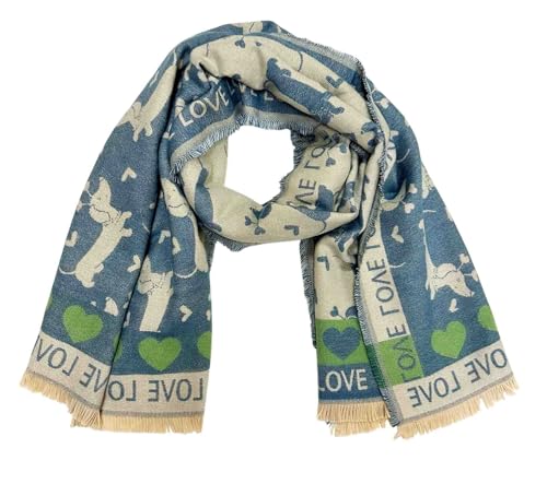 J26 Langer Schal mit Dackel Hunde Motiv Dog Knochen Dackel Farbverlauf Herbst Winter Schal Stola Tuch Übergangsschal Wolle mit Fransen (Dackel Jeansblau)