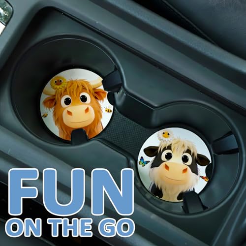 Cute Highland Cows & Dairy Cows Car Coasters 2 Pack - Absorbent Ceramic Cup Coasters with Finger Notch & Anti-Slip Cork Base, 2.6" Auto Cup Holder Coasters for Car Interior Accessories (Women/Men) — view 6